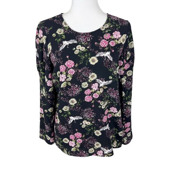 Kensie Blouse Women Extra Small Black Pink Floral All Over Print Long Sleeve - Picture 1 of 13